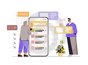 web developers creating program code on smartphone screen development of software and programming