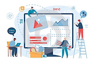Web developers and designers team build website, webpage design. Software development, coding and programming, designing