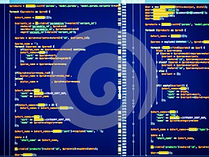Web developing of the site using php language. Lines of colorful php code on blue background