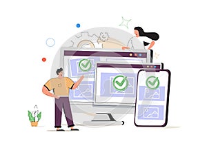 Web development abstract concept vector illustration set. Microsite interface, cross-browser compatibility, 404 error.