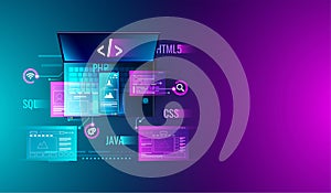 Web development, application design, coding and programming on laptop and smartphone concept with programming language and program