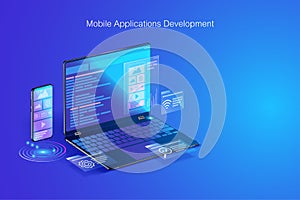Web development, application design, coding and programming on laptop and smartphone concept with programming language and program