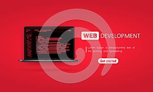 Web development banner. Working on laptop. Flat design concepts for analysis, coding, programming, programmer and developer.