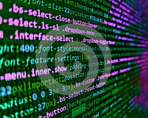 Web development code: CSS/SASS styles preprocessor script lines. Web developer HTML code with CSS on screen. Tensorflow AI concept