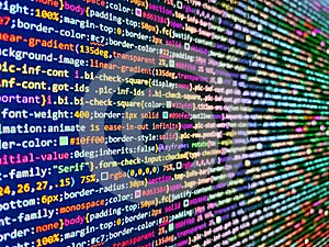 Web development code: CSSSASS styles preprocessor script lines. Modern technology digital computer program source code background