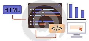 Web Development and Coding Concept with HTML, Programming Code, and Data Analytics Elements