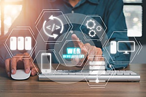 Web development coding programming internet technology business concept, Young man using computer with web development icon on vr