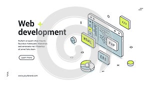 Web development coding programming isometric banner design template vector illustration