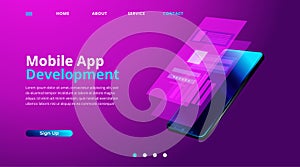 Web development, coding and programming responsive layout internet site or app of devices. Vector illustration