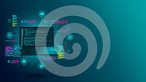 Web development, coding and programming of a site or application. Digital laptop software. Program code on a laptop. Software deve