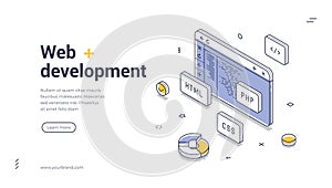 Web Development Coding Programming And Technology Concept Isometric Web Banner Vector Template