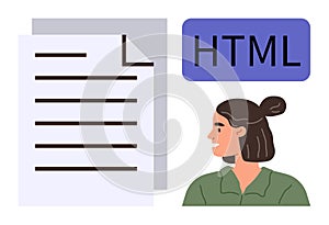 HTML Coding Concept with Woman Programmer and Document