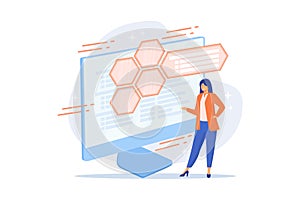 Web development and coding. IT, website optimization, computer software testing. Programmer and developer working female flat