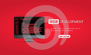 Web development on computer illustration. Flat design concepts for analysis, coding, programming, programmer and developer. Vector