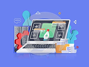 Web development concept 3D illustration. Icon composition with creation, development and optimization of website layout on screen