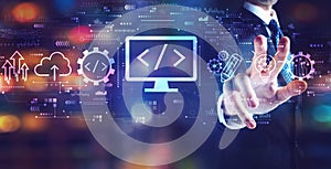 Web development concept with businessman