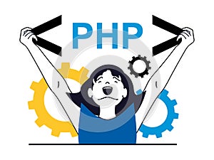 Web development concept with character situation. Happy woman working with program languages, coding and creates interface, doing