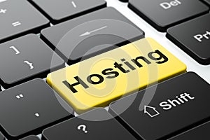 Web development concept: Hosting on computer keyboard background