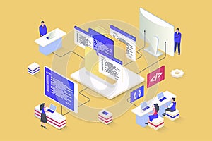 Web development concept in 3d isometric design. Designers prototyping and coding, working on ui ux for mobile apps and pages