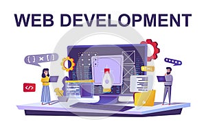 Web development concept in flat style. People create site interface