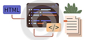 Web Development Concept with HTML Code Editor and Document Elements