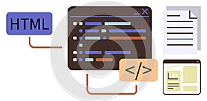 Web Development Concept with HTML, Code Editor, and Web Page Elements