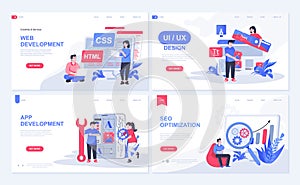 Web development concept for landing page in flat design. App creating with UI UX designing, html programming, SEO optimization