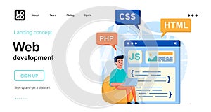 Web development concept. Man develops product, webpage layout, posting content, coding code. Template of people scenes. Vector