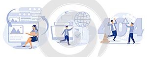 Web development concept. Microsite interface, cross-browser compatibility, 404 error, programming, company page, page not found.