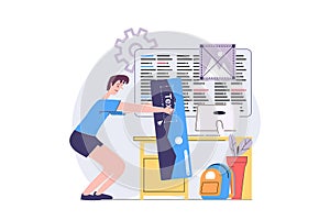 Web development concept in modern flat design for web. Developer creating and programming wireframe app interface
