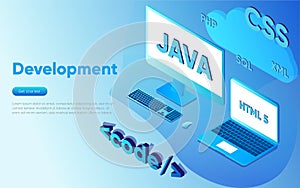 Web Development concept, programming and coding. Laptop with virtual screens and cloud code on blue background