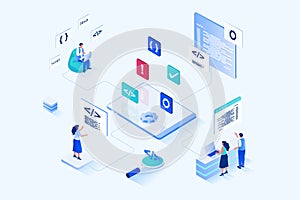 Web development 3d isometric design. Vector web illustration