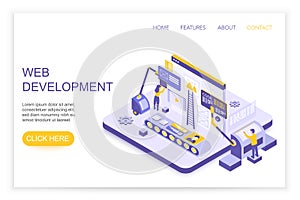 Web development and design infographics. Desktop website and mobile website concept with people 3d isometric landing