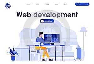 Web development flat landing page. Frontend developer working at workplace scene with header. UI UX usability design, website