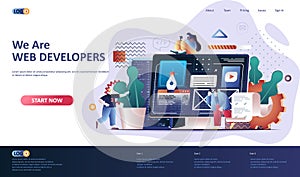 Web development flat landing page template. Website construct, prototyping and programming web banner. UI UX designer workplace 3d