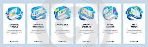 Web development, icometric computer icons, html code. Mobile app onboarding screens. Menu vector banner template for