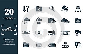 Web Development icon set. Include creative elements key search, seo, cloud storage, cloud management, network connection icons.