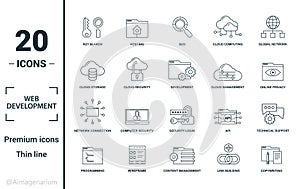 Web Development icon set. Include creative elements key search, seo, cloud storage, cloud management, network connection icons.