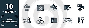 Web Development icon set. Include creative elements key search, seo, cloud storage, cloud management, network connection icons.