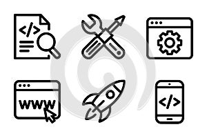 Web Development Icons Code Magnifier Tools Browser Rocket and Mobile Phone document file