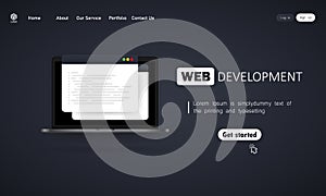 Web development illustration. Working on laptop. Flat design concepts for analysis, coding, programming, programmer and developer