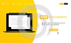 Web development illustration. Working on laptop. Flat design concepts for analysis, coding, programming, programmer and developer