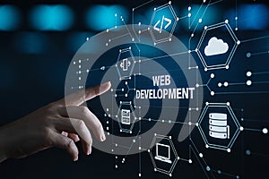 Finger touching web development interface with cloud and coding icons on a digital screen