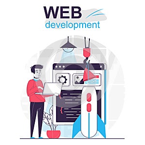 Web development isolated cartoon concept. Designer creates page code and optimizes site, people scene in flat design. Vector