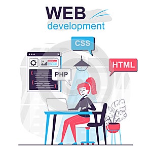Web development isolated cartoon concept. Developer programs in html language in office, people scene in flat design. Vector