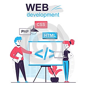 Web development isolated cartoon concept. Developer team creates code and optimizes site, people scene in flat design. Vector