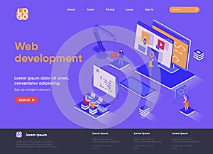 Web development isometric landing page. Full stack development, software engineering, design and programming isometry web page.