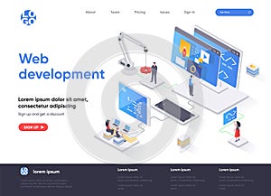 Web development isometric landing page. Full stack development, software engineering, design and programming isometry web page.