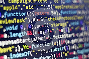 Web development javascript HTML5 code. Abstract information technology modern background. Network hacking