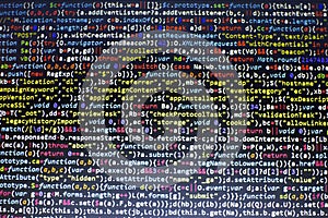 Web development javascript HTML5 code. Abstract information technology modern background. Network hacking